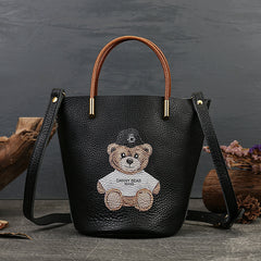 Teddy Bear Print Genuine Leather Small Bucket Bag Purse Womens