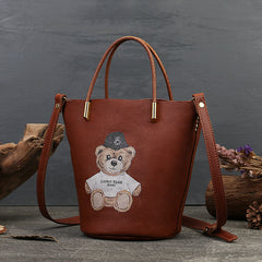 Teddy Bear Print Genuine Leather Small Bucket Bag Purse Womens