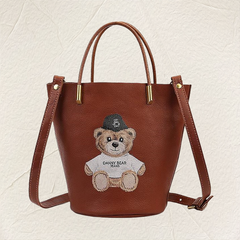 Teddy Bear Print Genuine Leather Small Bucket Bag Purse Womens