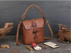 Retro Genuine Leather Bucket Crossbody Bag Small Leather Bucket Bag 