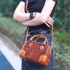 Women's Small Leather Boston Bag Suede Leather Satchel Handbag With Copper Hardware 