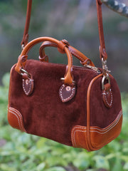 Women's Small Leather Boston Bag Suede Leather Satchel Handbag With Copper Hardware 