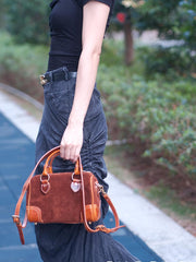 Women's Small Leather Boston Bag Suede Leather Satchel Handbag With Copper Hardware 