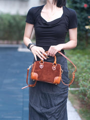 Women's Small Leather Boston Bag Suede Leather Satchel Handbag With Copper Hardware 