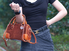 Women's Small Leather Boston Bag Suede Leather Satchel Handbag With Copper Hardware 