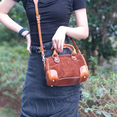 Women's Small Leather Boston Bag Suede Leather Satchel Handbag With Copper Hardware 