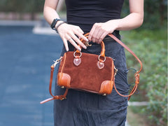 Women's Boston Bag Leather Boston Bag Small Suede Leather Bags Boston With Copper Hardware 