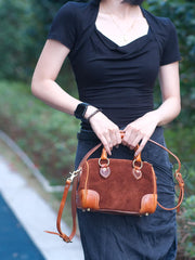 Women's Small Leather Boston Bag Suede Leather Satchel Handbag With Copper Hardware 