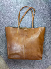 tan Genuine Leather Tote Bag Genuine Leather Women Tote Bag With Zipper - iLeatherhandbag