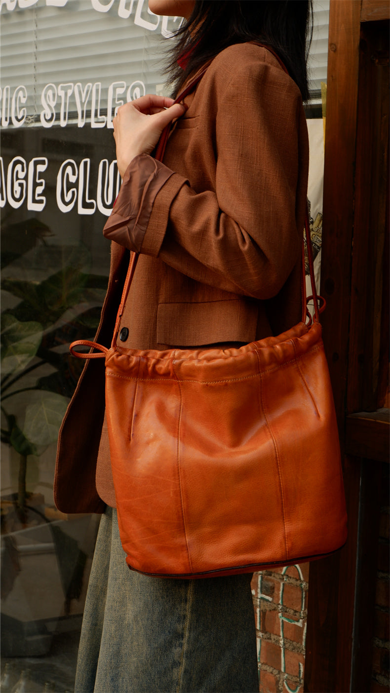 Soft Waxy Leather Drawstring Tote Bag