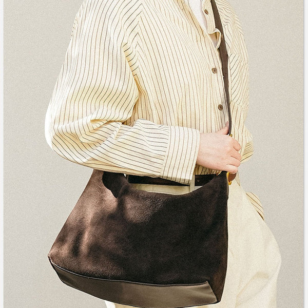 Minimalist Leather Hobo Shoulder Bag Zipper Genuine Leather Suede Hobo Shoulder Bag Women