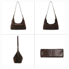 A dark brown suede shoulder bag shown from multiple angles in a 2x2 grid, including front, side, and flat front 