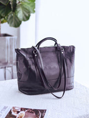 Women's Black Leather Tote Bag With Zipper Tote Bag With Shoulder Strap