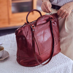 Women's burgundy leather tote bag With Zipper Tote Bag With Shoulder Strap