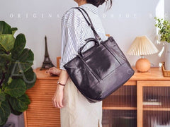 Women's Black Leather Tote Bag With Zipper Tote Bag With Shoulder Strap