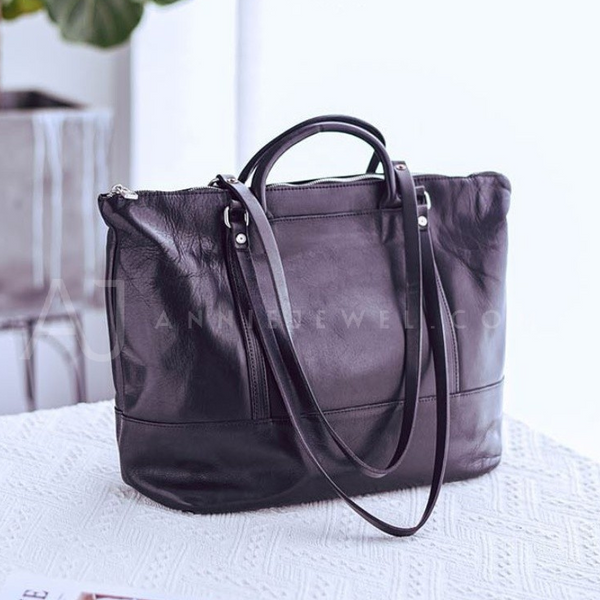 Women's Black Leather Tote Bag With Zipper Tote Bag With Shoulder Strap