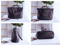 Women's Black Leather Tote Bag With Zipper Tote Bag With Shoulder Strap