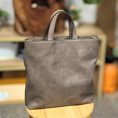 Women's Grey Leather Tote Handbag Tote Bag With Leather Straps 