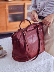 Women's burgundy leather tote bag With Zipper Tote Bag With Shoulder Strap