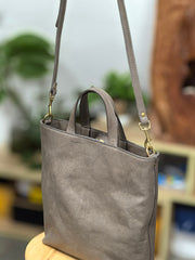 Women's Grey Leather Tote Handbag Tote Bag With Leather Straps 