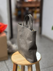 Women's Grey Leather Tote Handbag Tote Bag With Leather Straps 