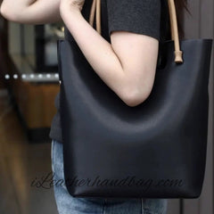 black Genuine Leather Tote Vertical Leather Tote Bag Tall Leather Tote Womens - iLeatherhandbag