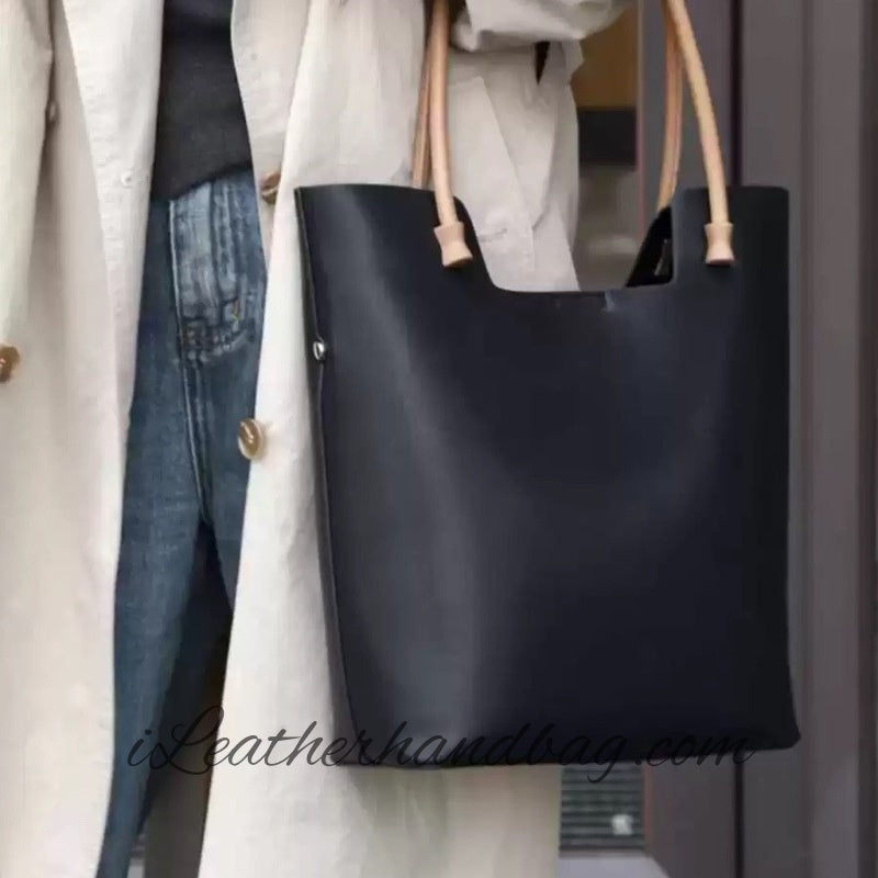 black Genuine Leather Tote Vertical Leather Tote Bag Tall Leather Tote Womens - iLeatherhandbag