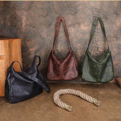 Women's Black Leather Hobo Shoulder Bag Retro Genuine Leather Hobo Purses 