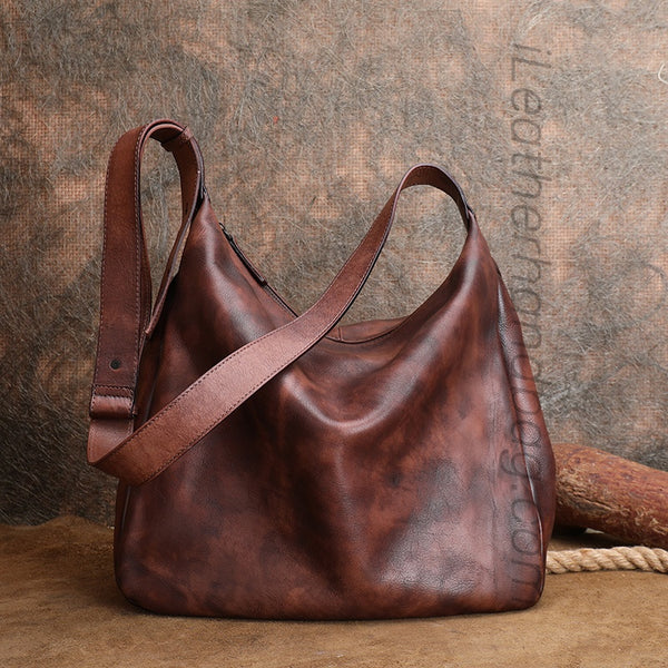 brown Vintage Leather Hobo Bag With Zipper Western Hobo Purse Medium Hobo Purse Womens 