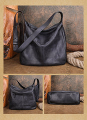 Women's Black Leather Hobo Shoulder Bag Retro Genuine Leather Hobo Purses 