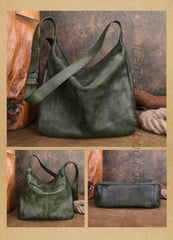 Women's green Leather Hobo Shoulder Bag Retro Genuine Leather Hobo Purses 