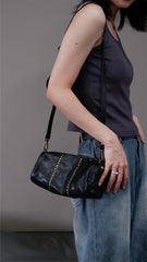 Western Rivet Bag BlackLeather Barrel Crossbody Bag Purse For Ladies