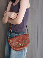 Western Rivet Bag Leather Saddle Crossbody Bag Purse For Ladies