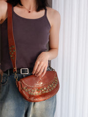 Western Rivet Bag Leather Saddle Crossbody Bag Purse For Ladies