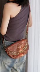 Western Rivet Bag Leather Saddle Crossbody Bag Purse For Ladies