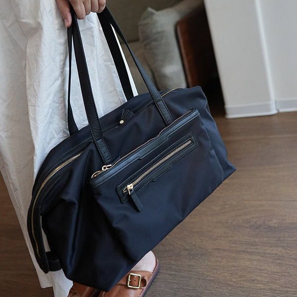 black Lightweight Leather Tote Bag Women's Nylon And Leather Tote Bag With Zipper - iLeatherhandbag
