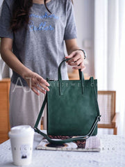 Women's Small Leather Tote Smal dark green leather purse