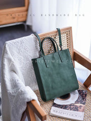 Women's Small Leather Tote Small dark green leather tote