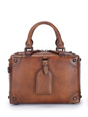 Retro Genuine Leather Satchel Handbags Women's Small Trunk Handbag Purse 