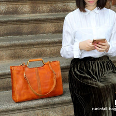 brown Leather Tote Bag Womens Leather Work Tote With Metal Handle