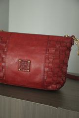 Red Genuine Leather Woven Shoulder Bag Zip Woven Leather Shoulder Bag Womens 
