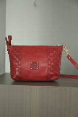 Red Genuine Leather Woven Shoulder Bag Zip Woven Leather Shoulder Bag Womens 