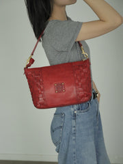 Red Genuine Leather Woven Shoulder Bag Zip Woven Leather Shoulder Bag Womens 