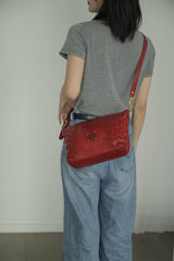Red Genuine Leather Woven Shoulder Bag Zip Woven Leather Shoulder Bag Womens 