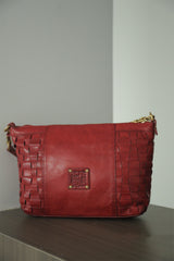 Red Genuine Leather Woven Shoulder Bag Zip Woven Leather Shoulder Bag Womens 