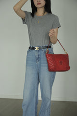 Red Genuine Leather Woven Shoulder Bag Zip Woven Leather Shoulder Bag Womens 