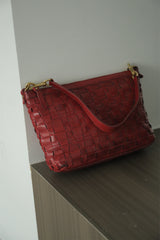 Red Genuine Leather Woven Shoulder Bag Zip Woven Leather Shoulder Bag Womens 