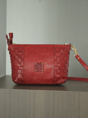 Red Genuine Leather Woven Shoulder Bag Zip Woven Leather Shoulder Bag Womens 