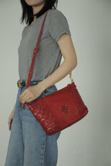 Red Genuine Leather Woven Shoulder Bag Zip Woven Leather Shoulder Bag Womens 