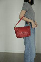 Red Genuine Leather Woven Shoulder Bag Zip Woven Leather Shoulder Bag Womens 
